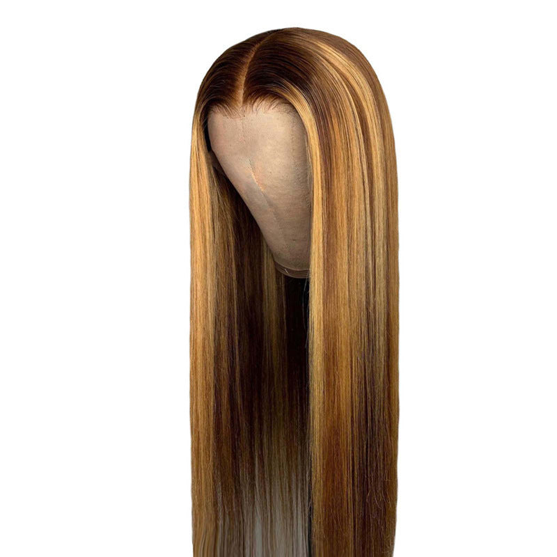 Wig Ladies Chemical Fiber Hair Cover Piano Color Highlighting Brown Inter-color Long Straight Hair Gradient