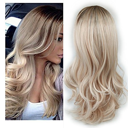 MagnoliaHair®Mode européenne et américaine femmes blanches points partiels dans la perruque frange teints cheveux longs bouclés 
