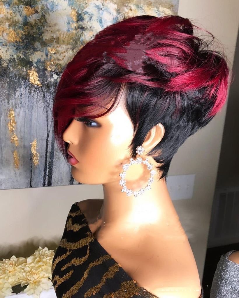MagnoliaHair®Perruque coupe lutin rouge foncé cheveux humains perruque courte Bob avec naturel