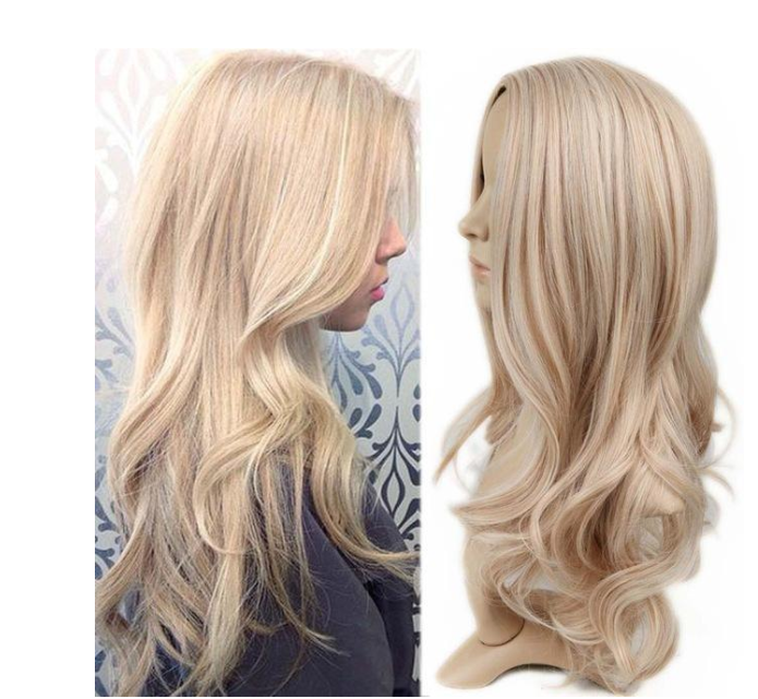 MagnoliaHair®Mode européenne et américaine femmes blanches points partiels dans la perruque frange teints cheveux longs bouclés 