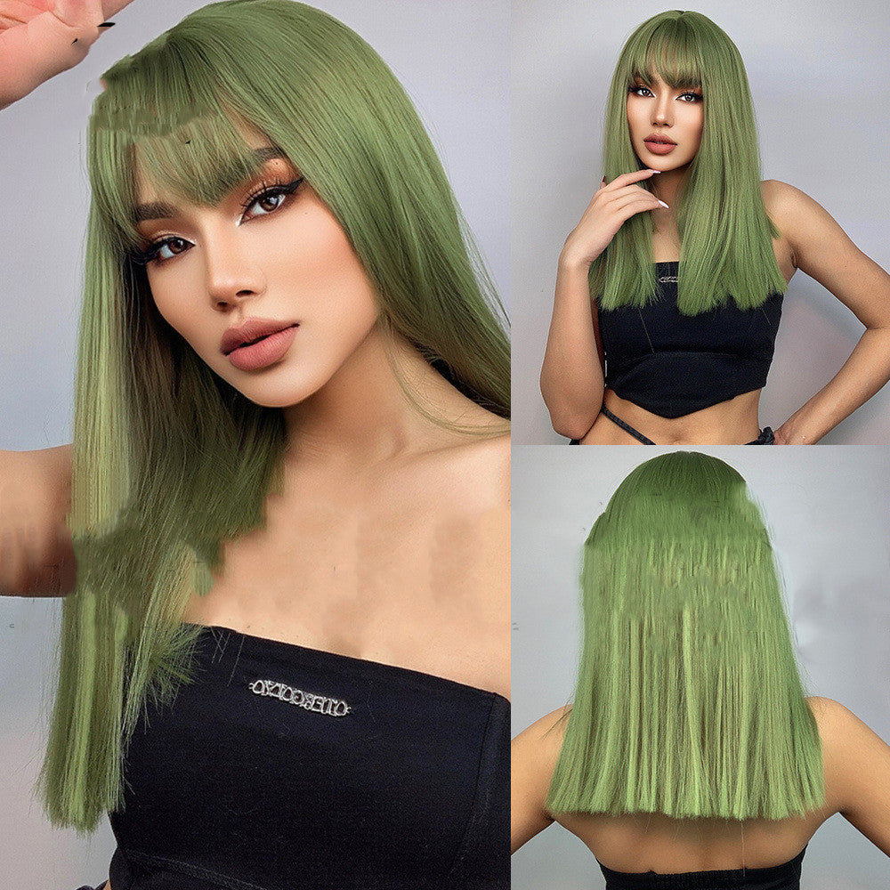 Plant Green Straight Hair With Bangs
