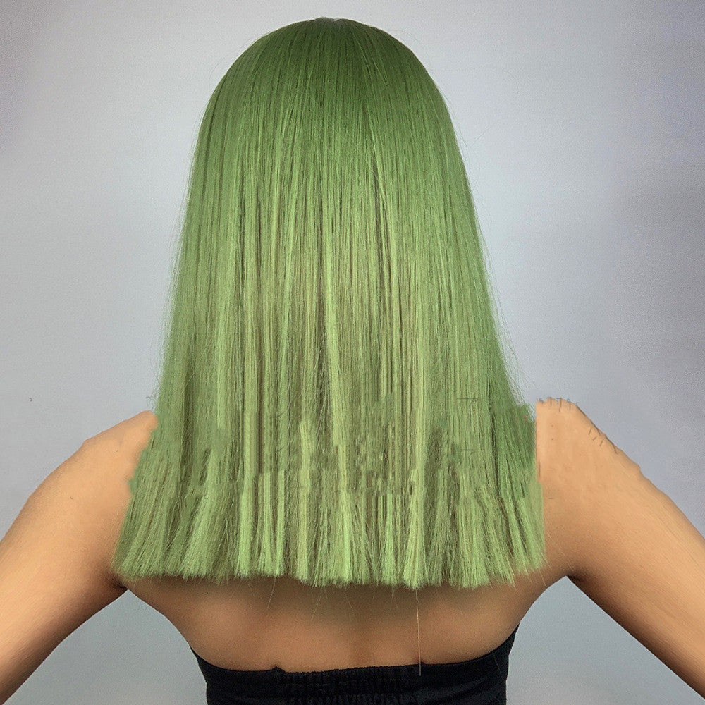 Plant Green Straight Hair With Bangs